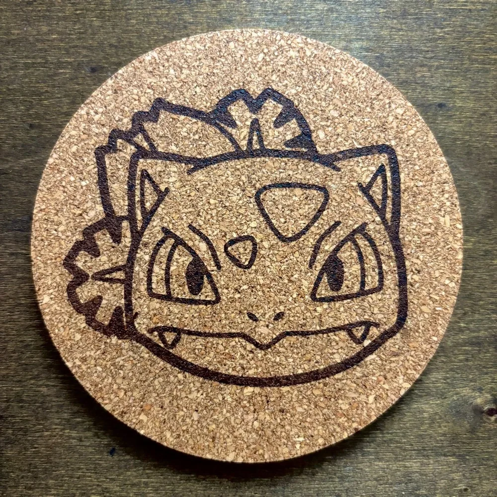 Pokemon Ivysaur Face Laser Engraved Cork Coaster